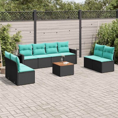 vidaXL 9 Piece Patio Sofa Set with Cushions Black Poly Rattan - 21.7" x 24.4" x 27.2"
