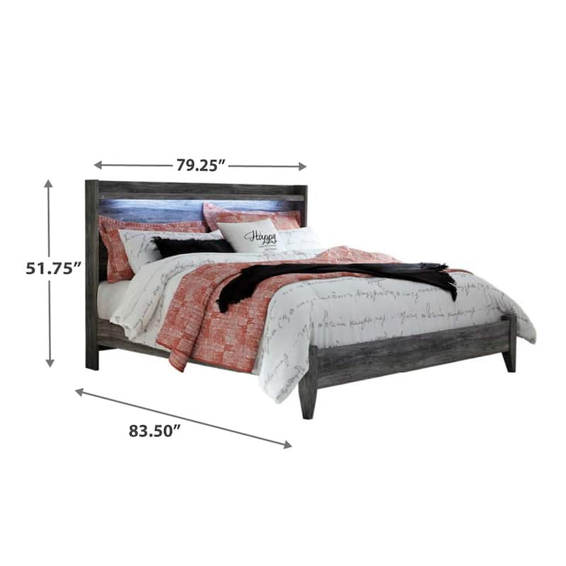 Bays King Size Bed, LED Panel Bookcase Headboard, Driftwood Smoke Gray