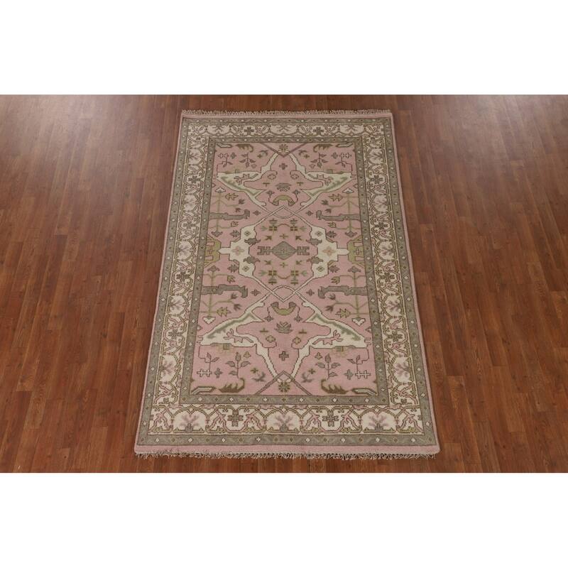 Light Pink Floral Oushak Oriental Area Rug Handmade Wool Carpet - 4'10"x 7'8"