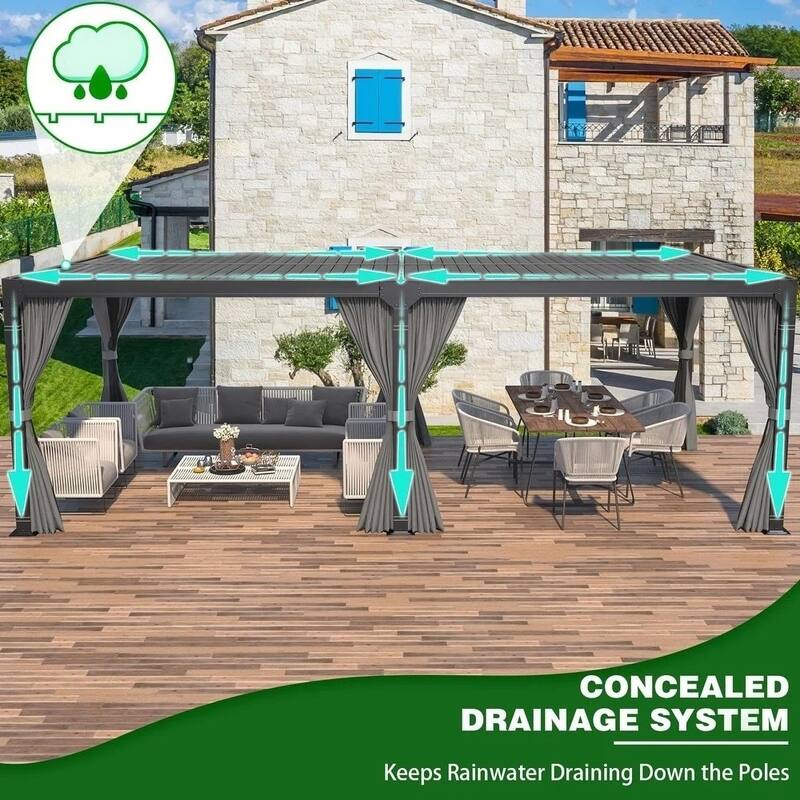EROMMY 12x20 Adjustable Metal Roof Gazebo, Louvered Pergola for Outdoor Use, Includes Curtains and Netting for Patio