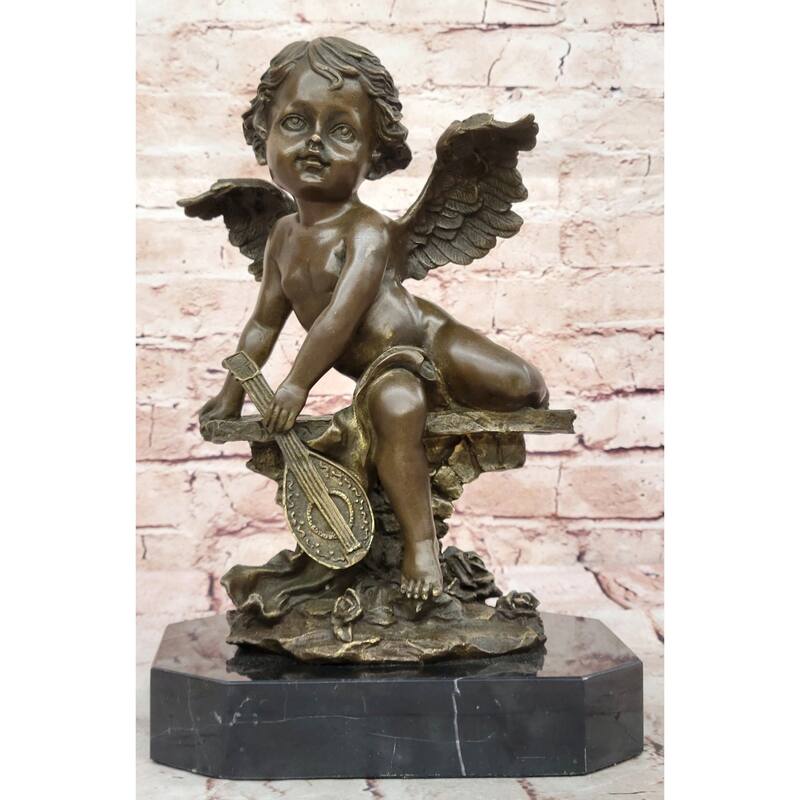 Bronze Cherub Putti Angel Sculpture With Mandolin On Marble Base