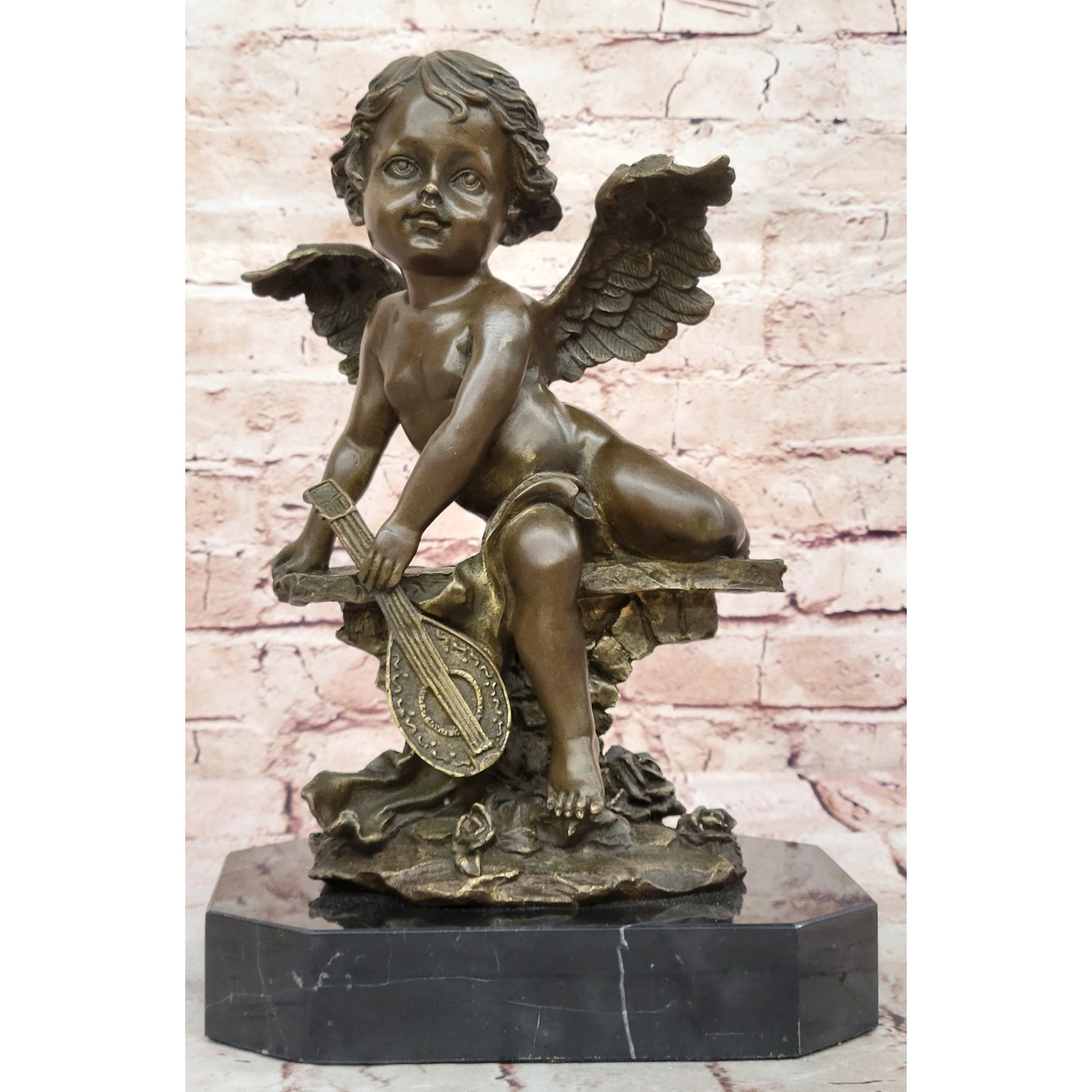 Bronze Cherub Putti Angel Sculpture With Mandolin On Marble Base