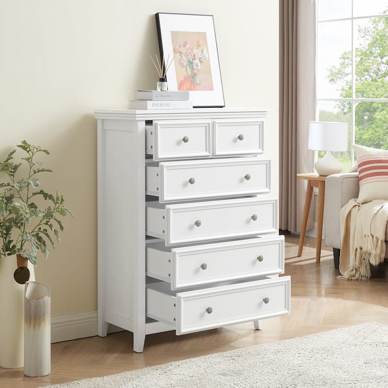Crisp White 6-Drawer Dresser, Elegant Living Room Storage Solution - White