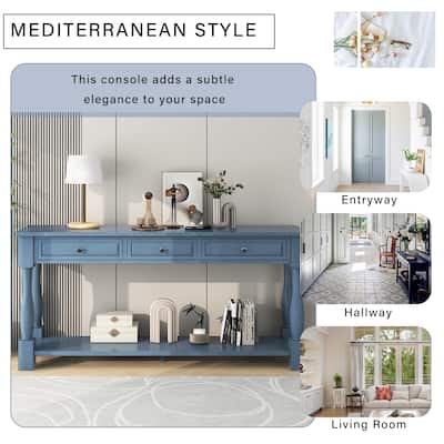 63" Console Table for Living Room, Long Entryway Table with 3 Storage Drawers & Open Storage Shelf, Wooden Sofa Table Navy Blue