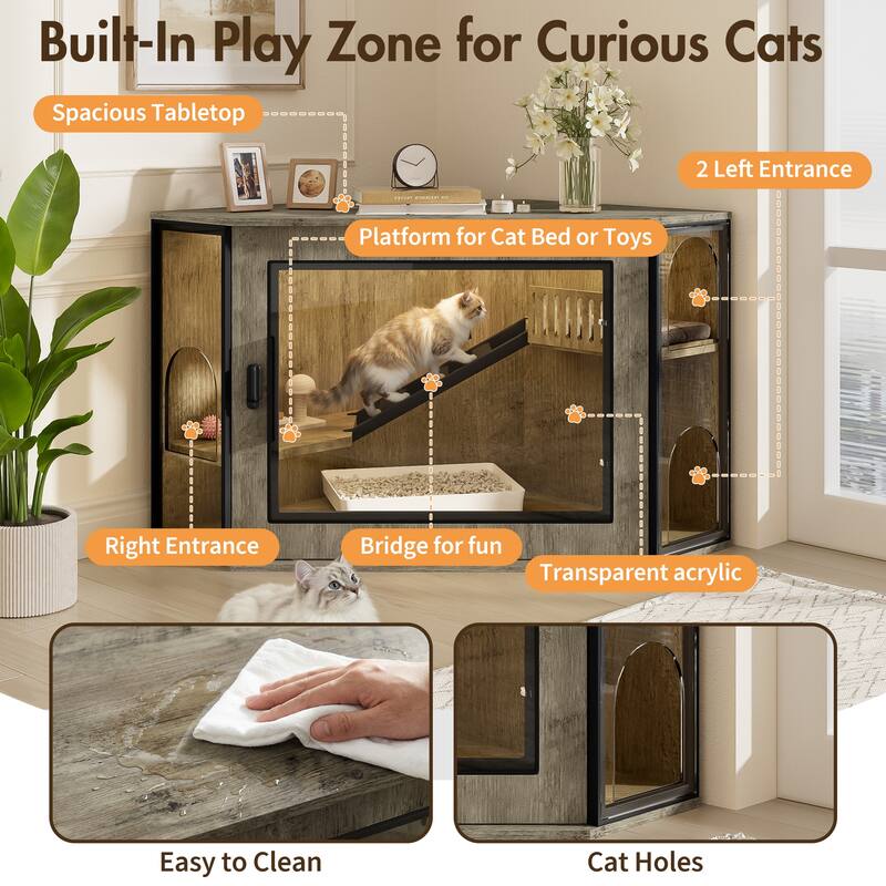 48" Corner Cat Litter Box Enclosure, Modern Hidden Litter Box Corner Cabinet with Acrylic Door and LED Light