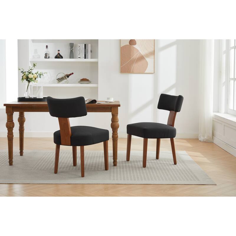 Set of 2 Linen Fabric Modern Armless Dining Chairs With Curved backrest and Solid Wooden Legs for Dining Room Living Room