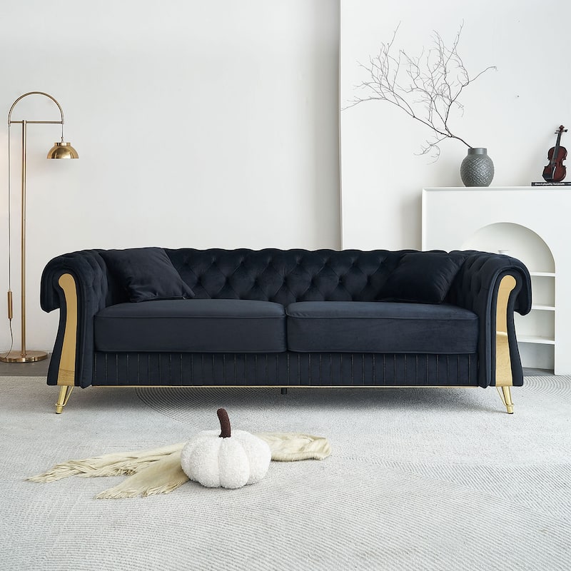 89" Velvet 3-Seater Sofa with 2 Seat Cushions & 2 Toss Pillows - Black