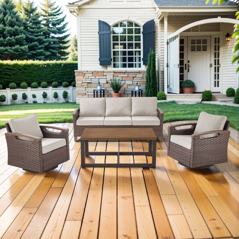 Pocassy Outdoor Brown Wicker Funitre with Cushion Set - Beige Cushion - 3-Seat Sofa with Swivel Chair Table Set