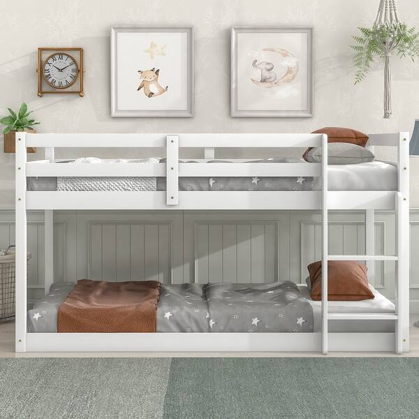 slide 2 of 6, White Twin Size Wood Loft Bed with Ladder and Fence White
