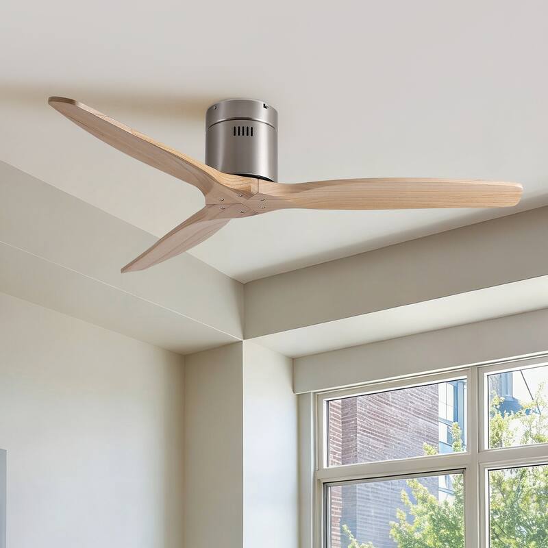 52"Mordern Rustic Elegance Solid Wood Blades Low Profile Flush Mount Ceiling Fan without Light