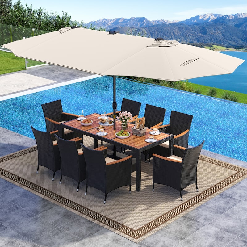 Gymax Set Of 11 Patio Dining Set w/ 15ft Double-Sided Patio Umbrella - Beige
