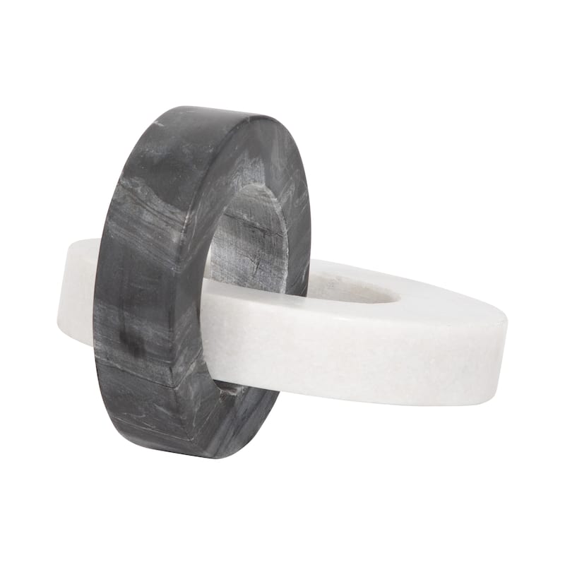 Sagebrook Home's Marble and Suar Wood 8" Double Ring in White/Black, Crafted Decorative Accessories - 8" x 5" x 6"