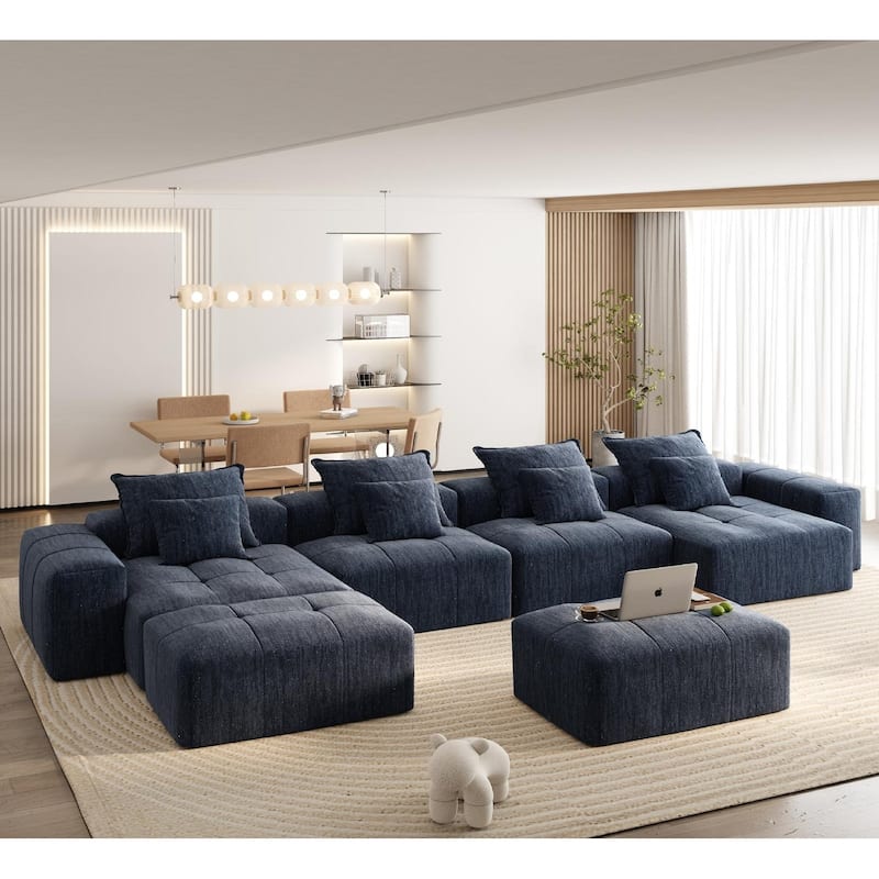 Modern Oversized Modular Sofa,8 PCS Tufted Chenille Couch with Pillows - Blue