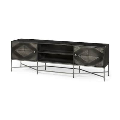 HomeRoots Dark Brown Solid Mango Wood Finish TV Stand Media Console With 2 Doors And 2 Open Shelves - 16