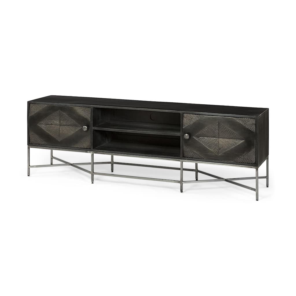 HomeRoots Dark Brown Solid Mango Wood Finish TV Stand Media Console With 2 Doors And 2 Open Shelves - 16