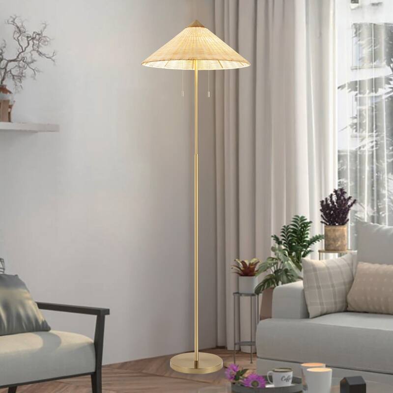Floor Lamp Traditional Brass 65" 2-Light Rattan Shade