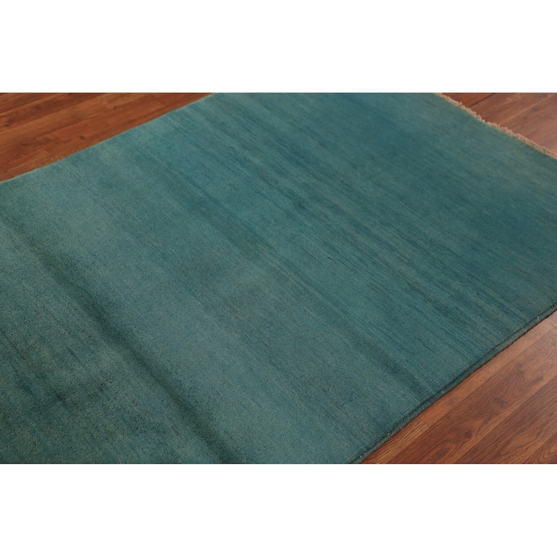 Blue & Green Gabbeh Modern Rug Hand-Knotted Striped Wool Carpet - 4'0" x 5'6"