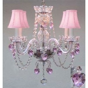 Swag Plug In Crystal Chandelier Lighting With Pink Crystal*Hearts*& Pink Shades H17 x W17