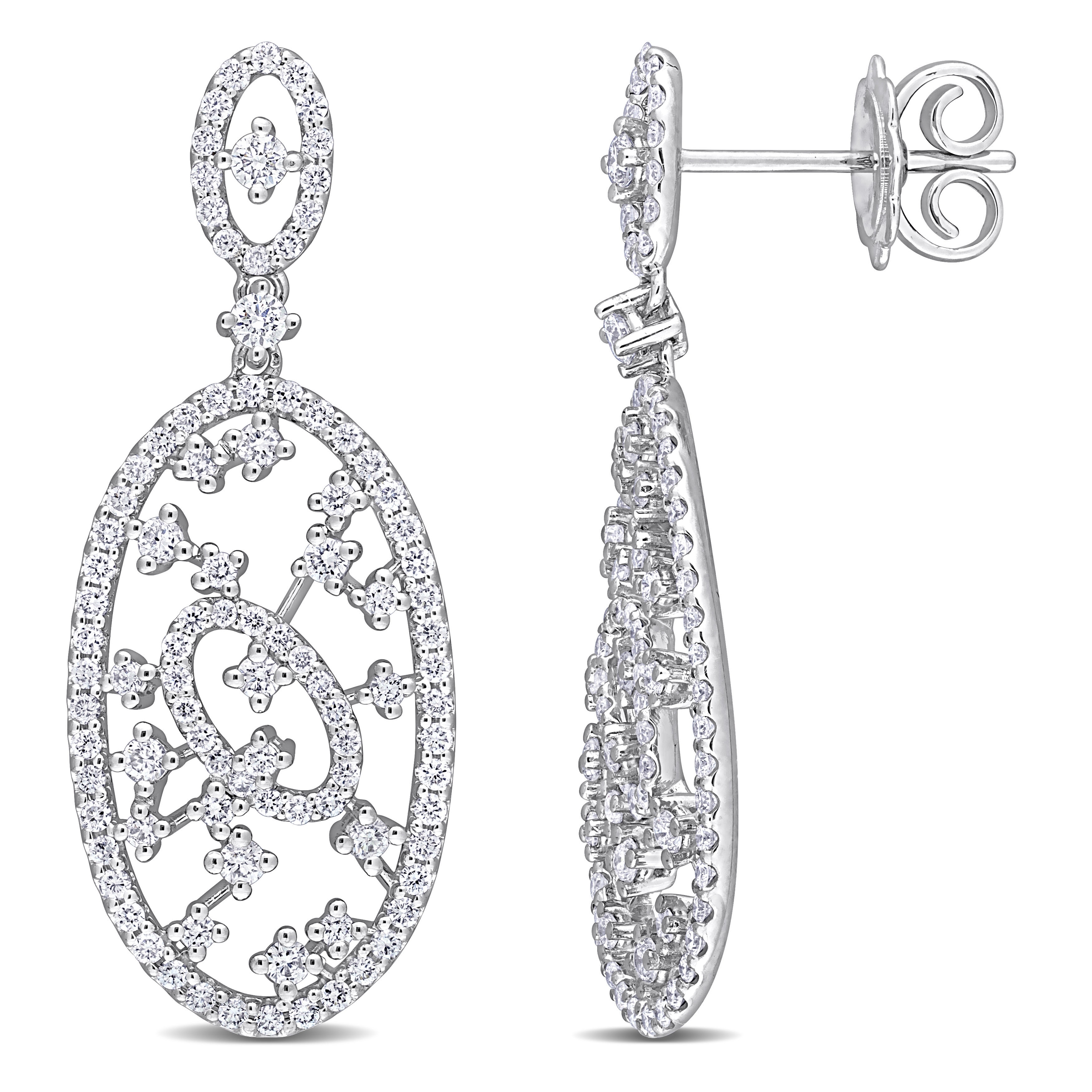 Miadora 1 1/4ct TDW Diamond Oval Filigree Earrings in 18k White Gold