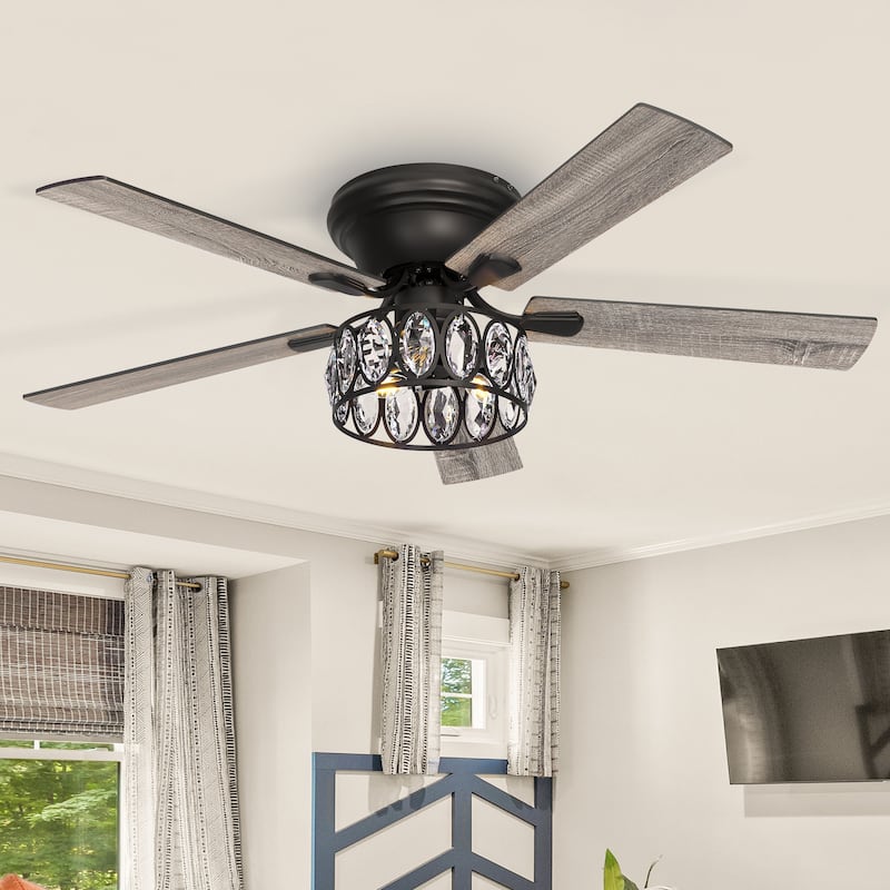52" Flush Mount 5-Blade Modern Crystal Indoor Ceiling Fan with Light Kit and Remote