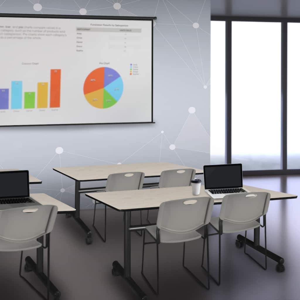 60" Flip Top Mobile Training Table- Maple & 2 Stack Chairs- Grey