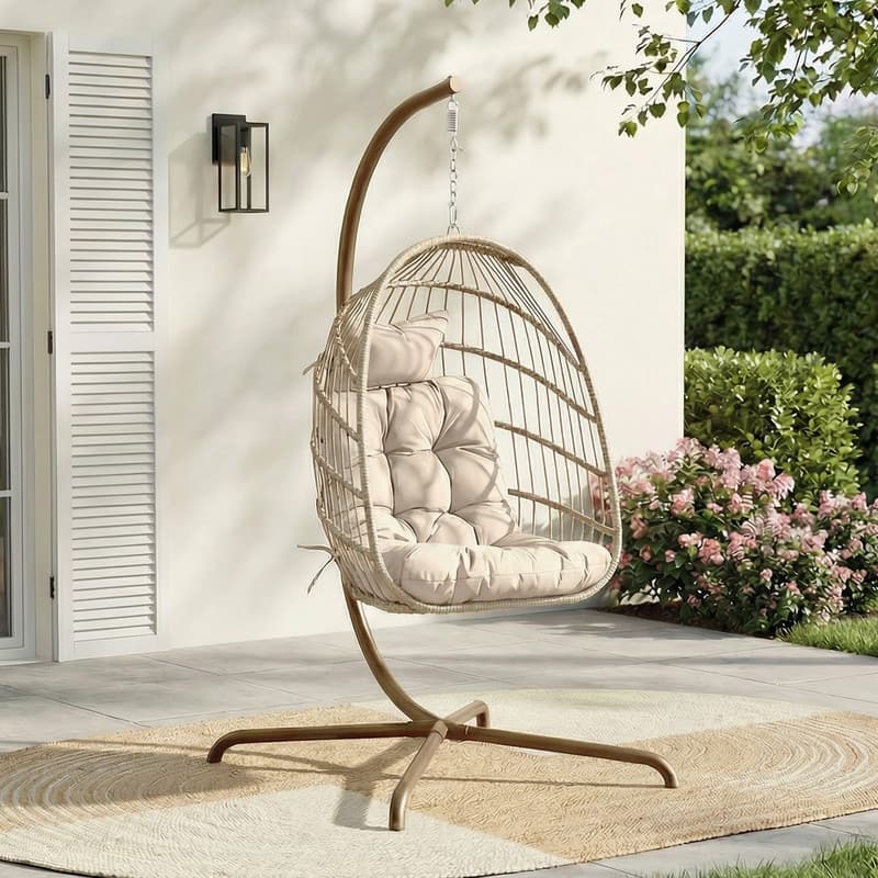 Oversized Wicker Hanging Egg Chair with Stand, Outdoor Indoor Swing Chair with Cushion, 350 lb Capacity - Beige