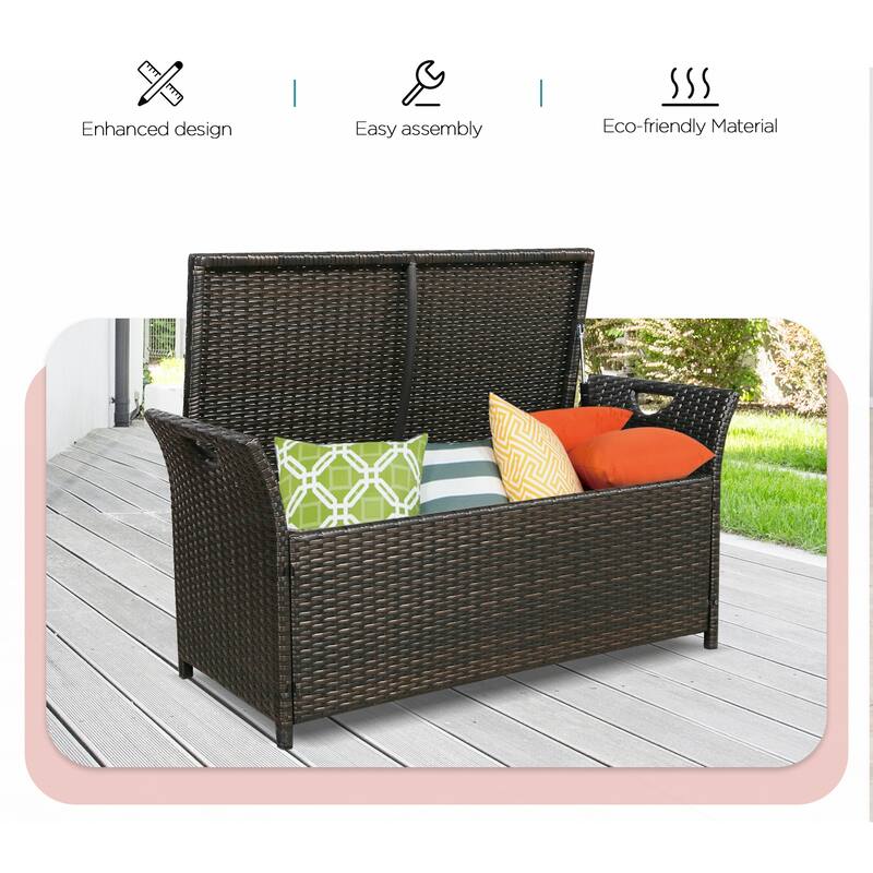 Outdoor Storage Bench Rattan Style Deck Box w/Cushion