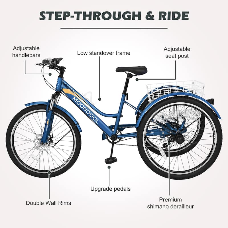 DoCred Mountain Tricycle 7 Speed 3 Wheel Bike with Basket