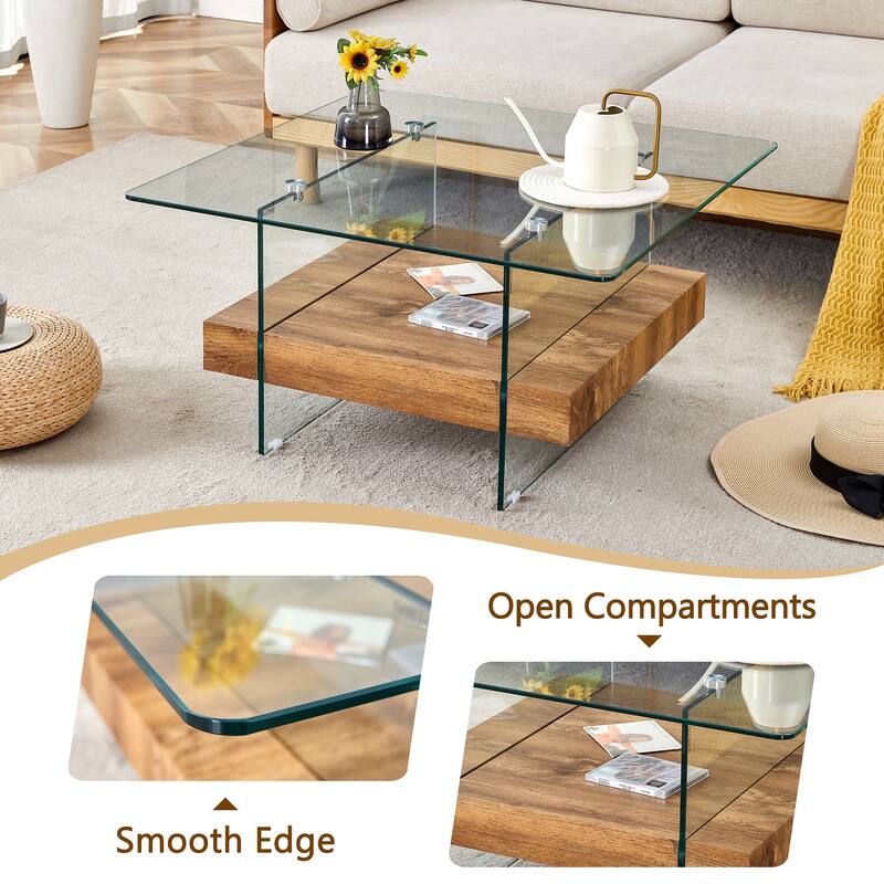 31.4 Inch Modern Two-Tier Square Coffee Table - An Elegant Combination of Clear Glass and Natural Wood Texture Sticker I