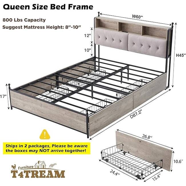 Queen Size Bed Frame with LED Lights, Charging Station and 4 Drawers