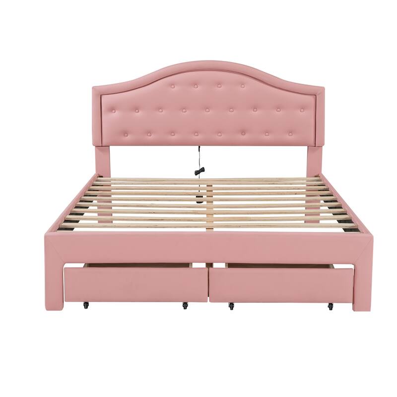 Upholstered Platform Bed with Tufted Headboard, LED and 2 Drawers, Pink
