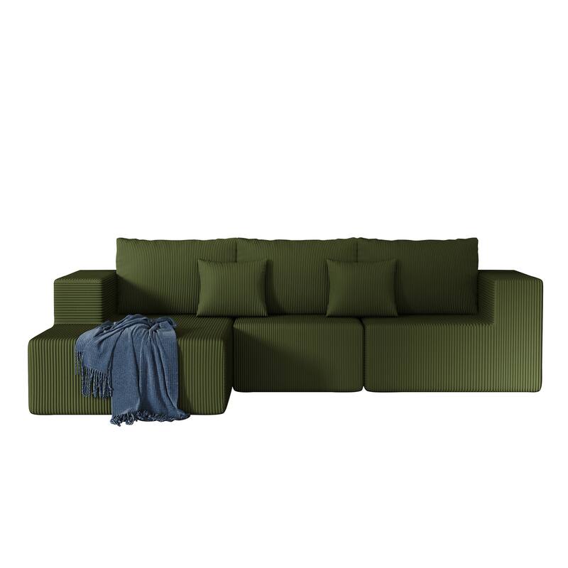 L Shaped Sectional Foam Sofa, Upholstered Corduroy Fabric Sofa, Modular Cloud Couch with Chaise Lounge & Removable Covers