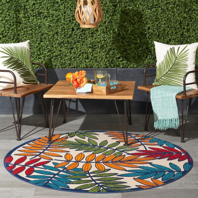 Nourison Aloha Leaf Print Vibrant Indoor/Outdoor Area Rug - 4' Round - Multi