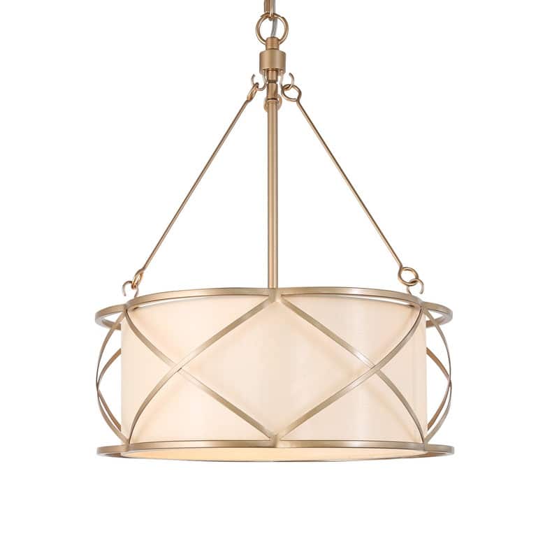 Modern Farmhouse 3-light Gold Chandelier Classic Drum Lantern Metal Ceiling Light with Fabric Shade - D15.5"x H 80"