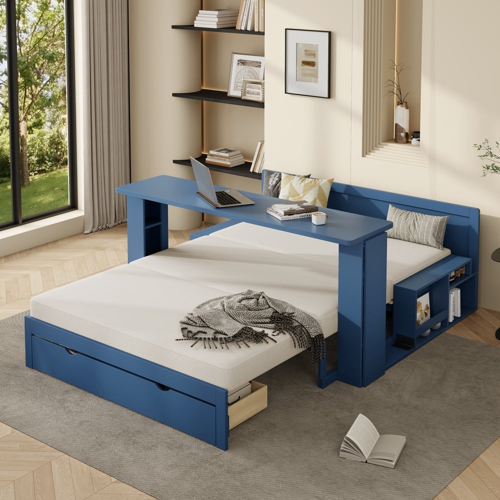 4-in-1 Multifunctional Daybed Storage Bed Frame with Removable Desk, Drawers, Bookcase Shelves and Hydraulic Side Tables