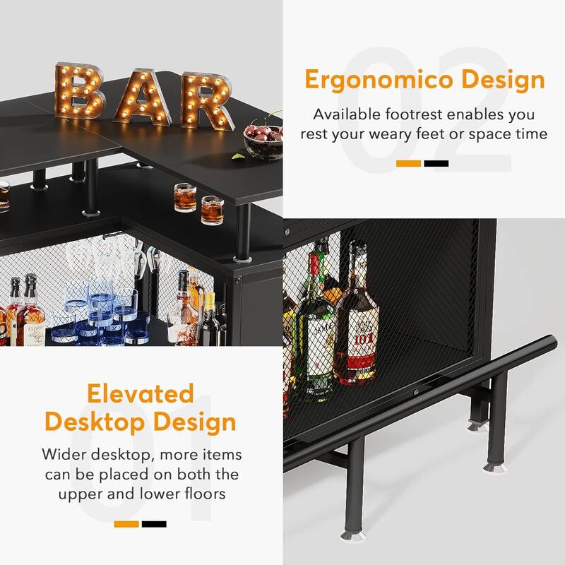 36" x 48" L-Shaped Home Bar Unit with Footrest 2-Tier Glass Shelves, Black