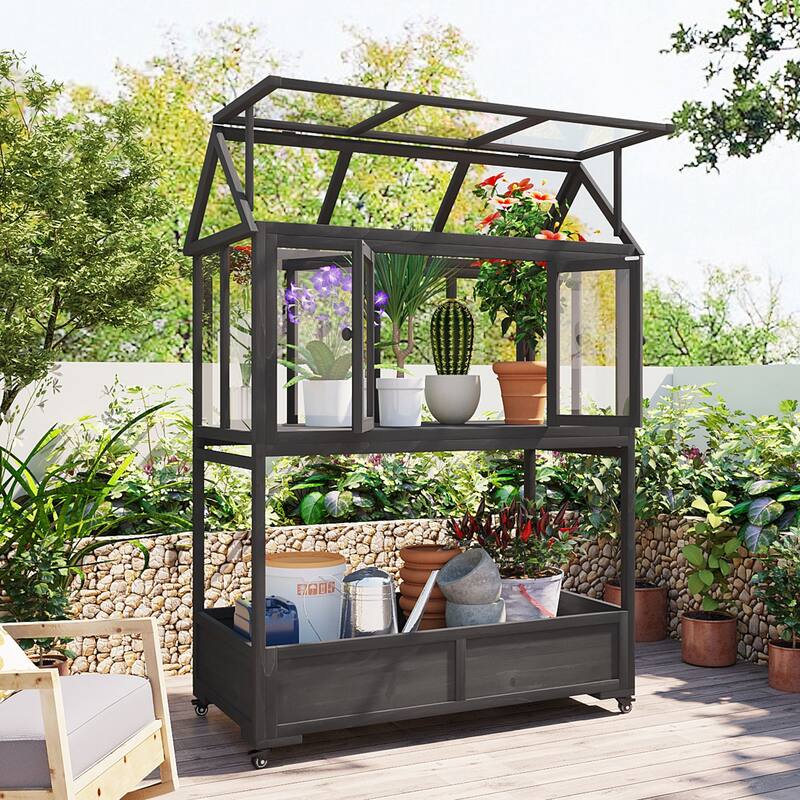 Garden Wood Portable Cold Frame with Movable Wheels Mini Greenhouse with Openable Roof and Storage Box