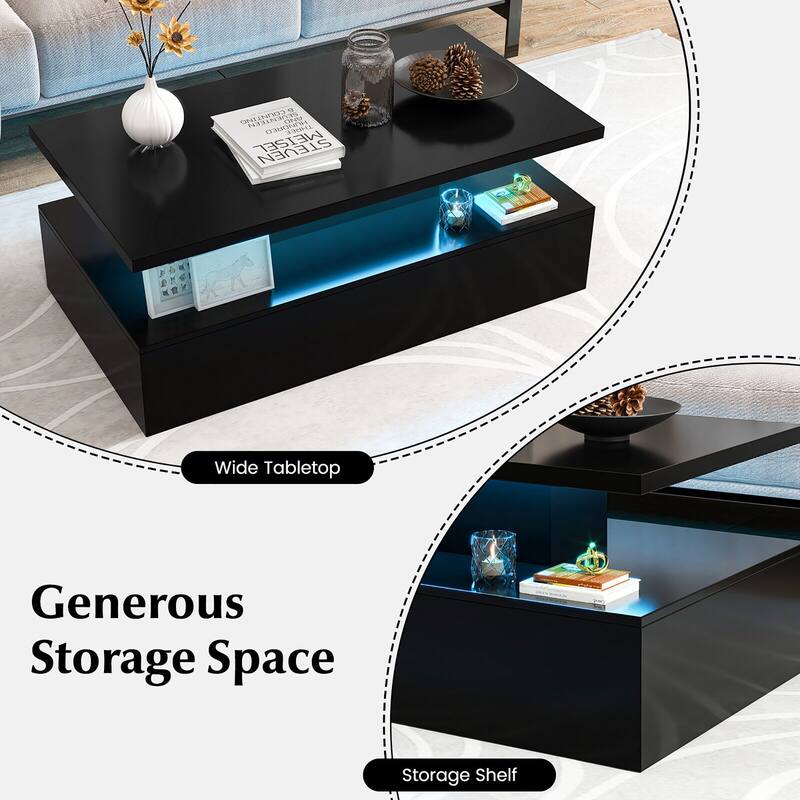 Gymax LED Coffee Table 2-Tier High Glossy with Adjustable Light &