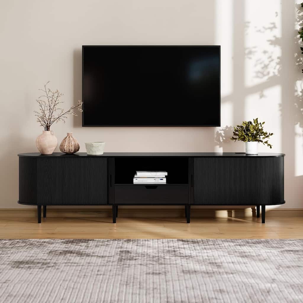 86.6" Fluted TV Stand with Power Outlet for TVs up to 90",Mid Century Modern TV Console with Adjustable Shelves and Sliding Door