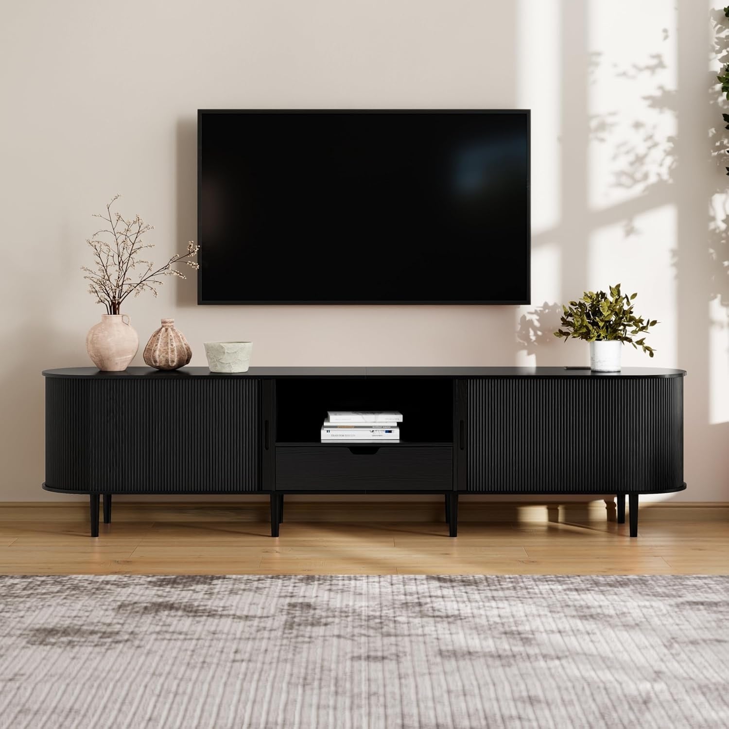 86.6" Fluted TV Stand with Power Outlet for TVs up to 90",Mid Century Modern TV Console with Adjustable Shelves and Sliding Door