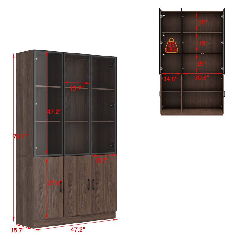 Bookshelves Bookcase Modular Glass Display Cabinet with LED Lights, Dark Wood Storage Combination Cabinet System