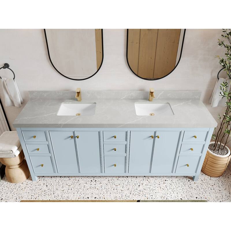 Willow Collections 84 in. W x 22 in. D Chicago Double Bowl Sink Bathroom Vanity with Countertop - 2”Pearl Gray - Blue Heather