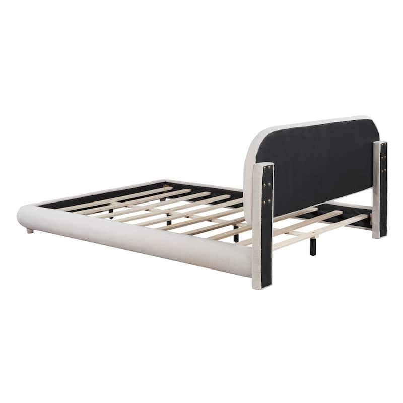Teddy Fleece Queen Size Upholstered Platform Bed with Thick Fabric, Solid Frame and Stylish Curve-shaped Design, Beige