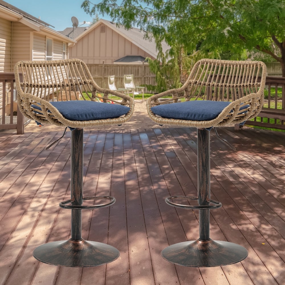 Plastic Rattan Linen Swivel Adjustable Height Bar Stools With Footrest(set of 2)