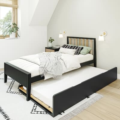 Max and Lily Scandinavian Twin-Size Bed with Slatted Headboard and Trundle