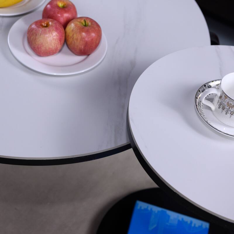 Round Nesting Coffee Table Set of 2, Sintered Stone Top Nesting Tables with Metal Frame, Modern Accent Side Table Set