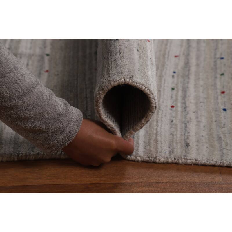 Silver Gray Striped Gabbeh Oriental Area Rug Hand-Knotted Silk Carpet - 9'3" x 11'7"