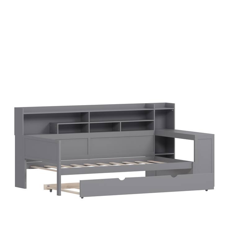 Wooden Daybed with Storage Shelves, Multi-functional Bed with Twin Size Trundle Bed and Study Desk