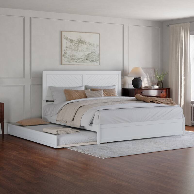 Clayton Platform Bed with Panel Footboard and Twin XL Trundle - White - King