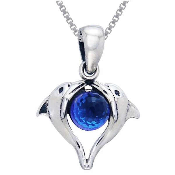 Sterling Silver Double Love Dolphins with Bermuda Blue Crystal Necklace. Opens flyout.